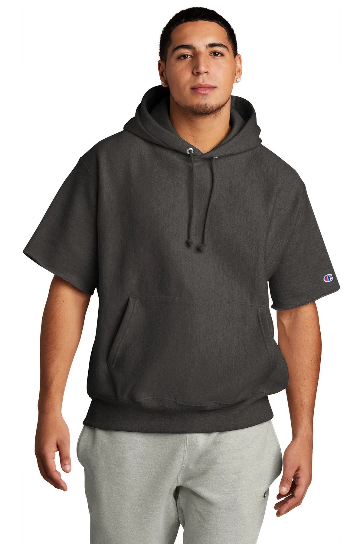 Champion Reverse Weave Short Sleeve Hooded Sweatshirt | Charcoal Heather