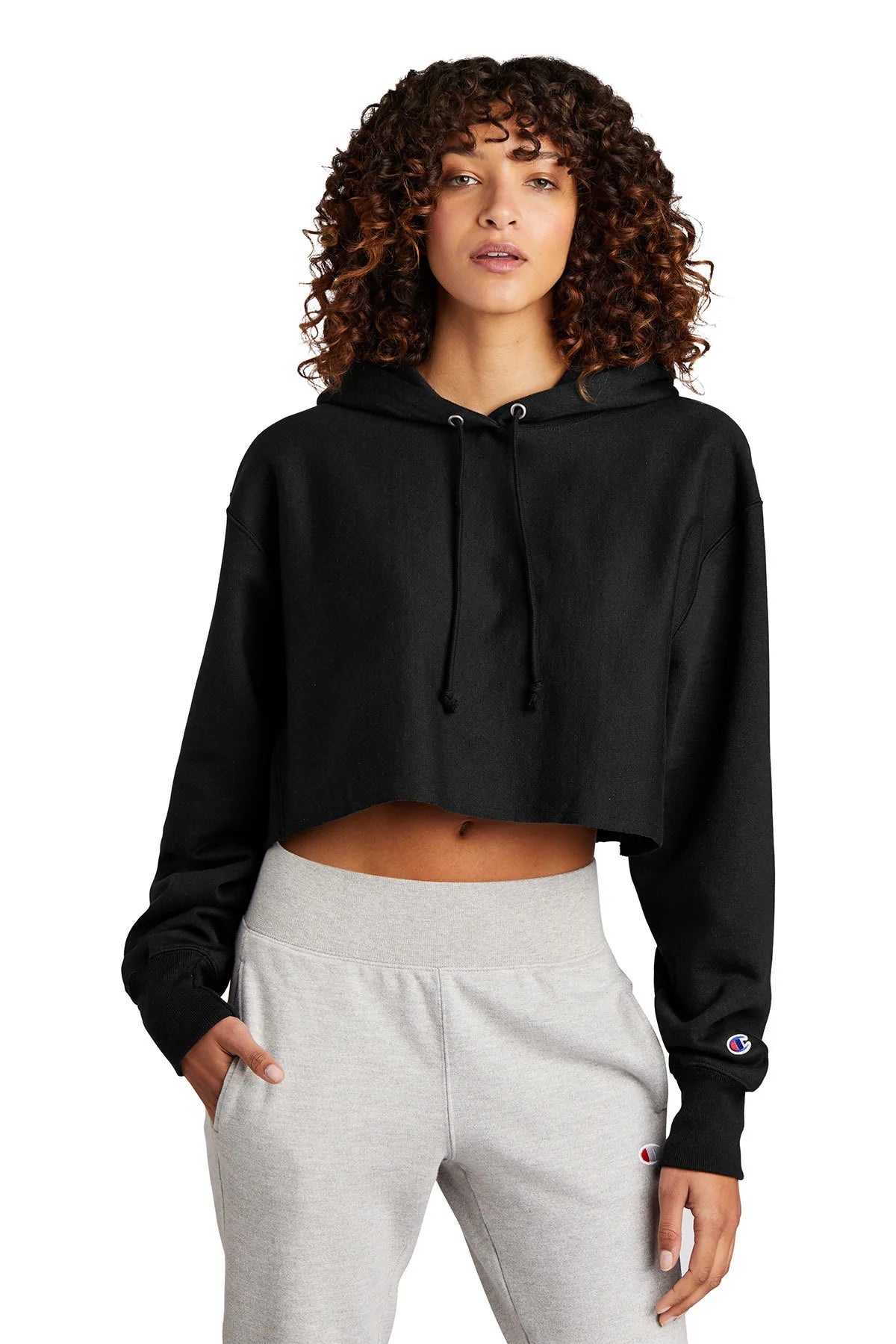 Champion Women's Reverse Weave Cropped Cut-Off Hooded Sweatshirt | Black