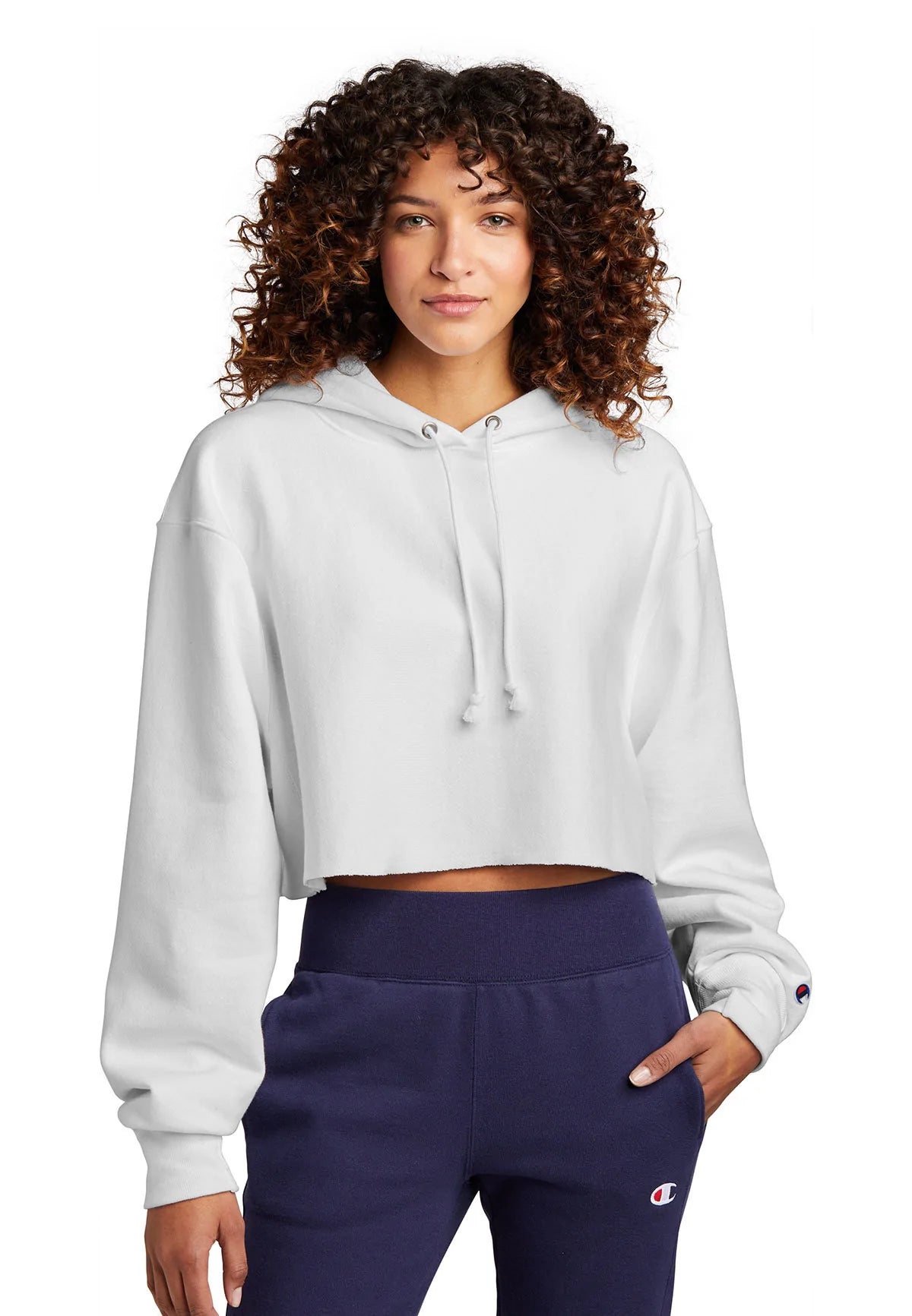 Champion Women's Reverse Weave Cropped Cut-Off Hooded Sweatshirt | White