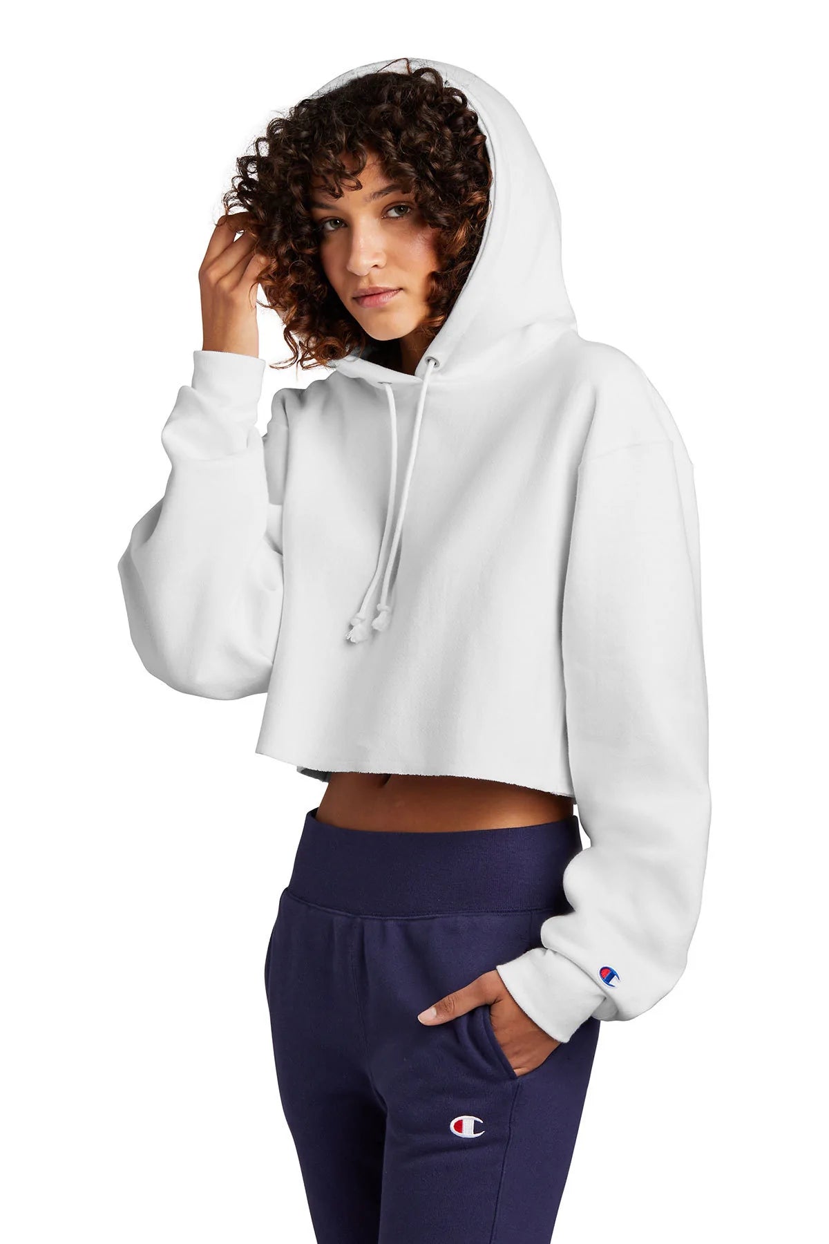 Champion Women's Reverse Weave Cropped Cut-Off Hooded Sweatshirt | White